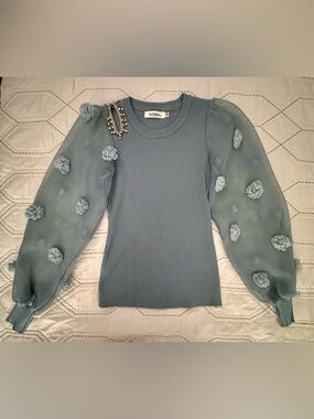 FLAM MODE Blue Puff-Sleeve Crewneck Sweater